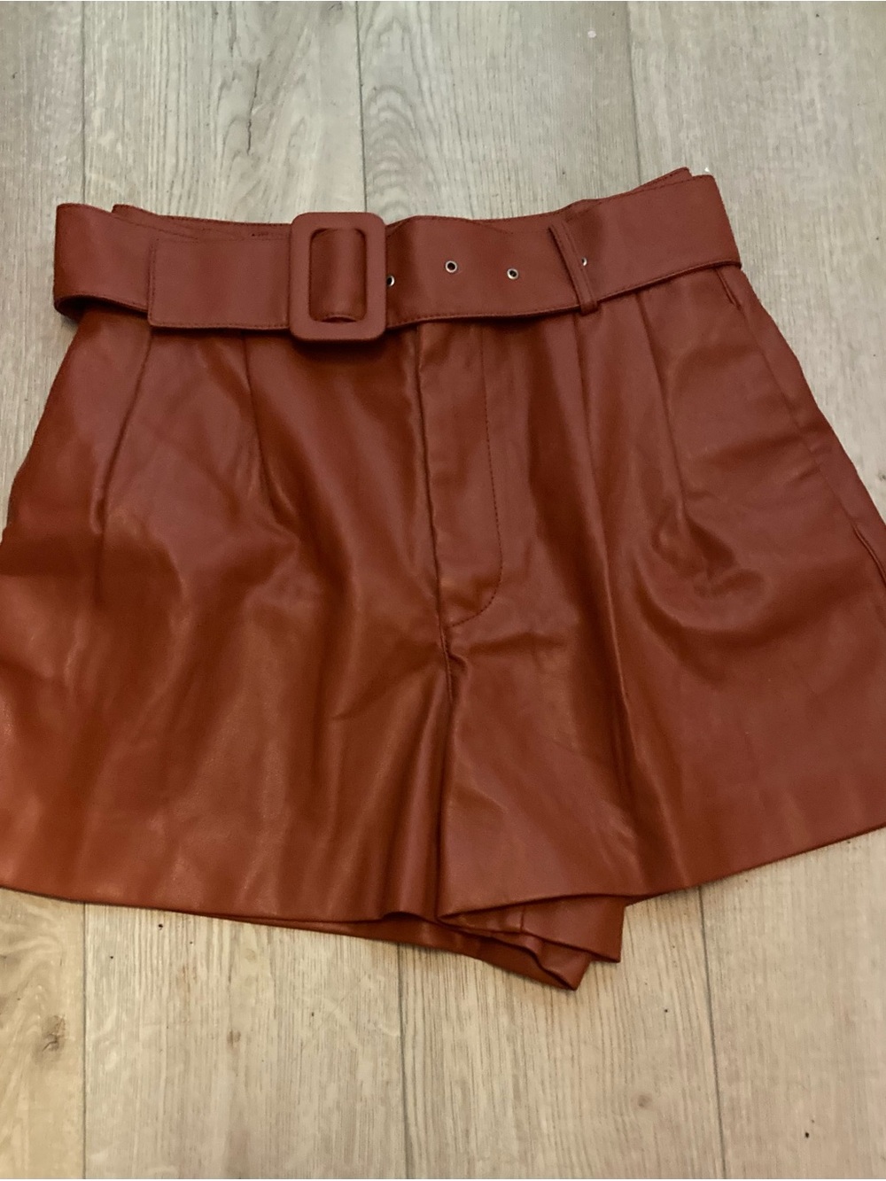 Zara High-Waist Faux Leather Belted Shorts - Rust Brown